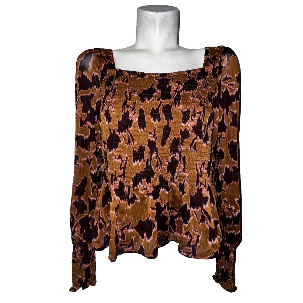 Nine West Womens L Large Metallic Brown Smocked Ruffle Long Sleeve Party Top New